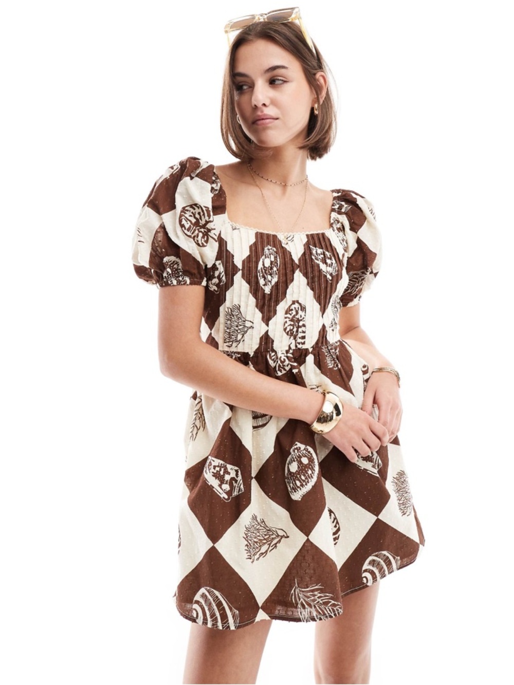 ASOS DESIGN cotton dobby mini dress with lace up back in shell print